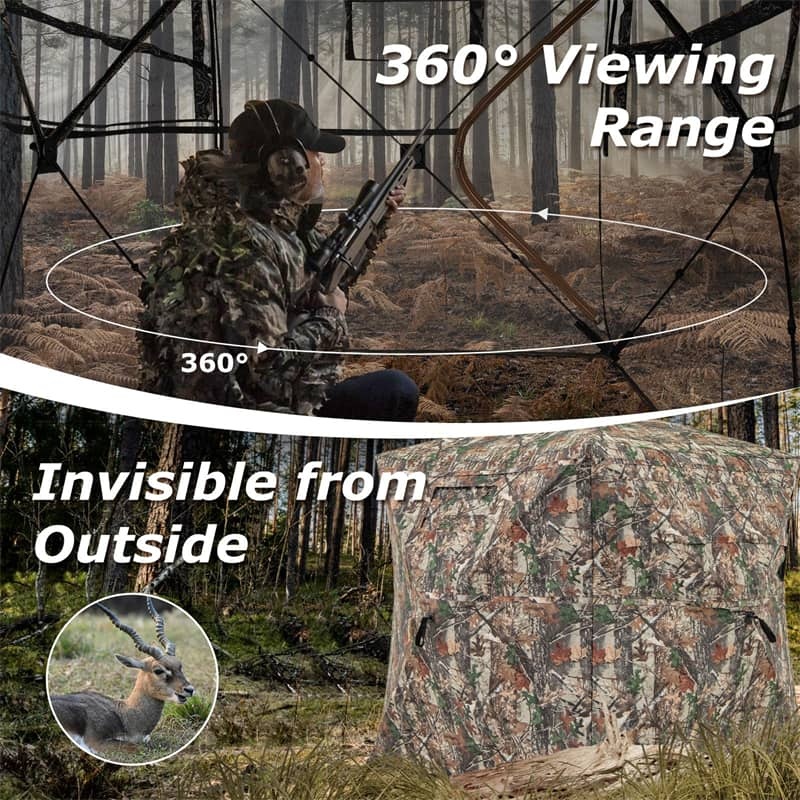 360° One-Way See-Through Hunting Blind with Full-Open Door & Portable Carrying Bag, Pop Up Ground Blind 2-3 People Hunting Tent for Deer Turkey