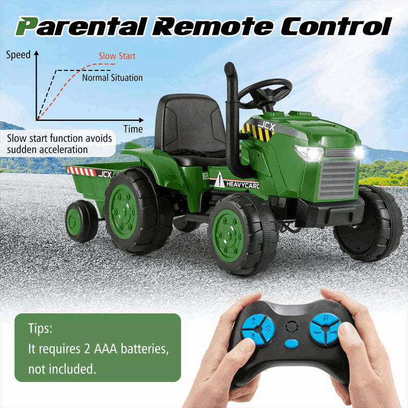 2-in-1 Kids Ride On Tractor with Detachable Trailer, 12V Electric Toy Car with Remote Control & LED Lights, Toddler Tractor for 3-8 Years