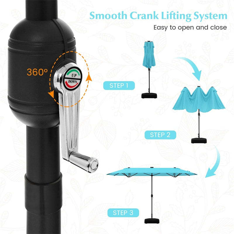 13FT Double-sided Patio Umbrella with Base, 36 Solar LED Lights & Crank Handle, Large Twin Table Umbrella for Poolside, Outdoor Dining