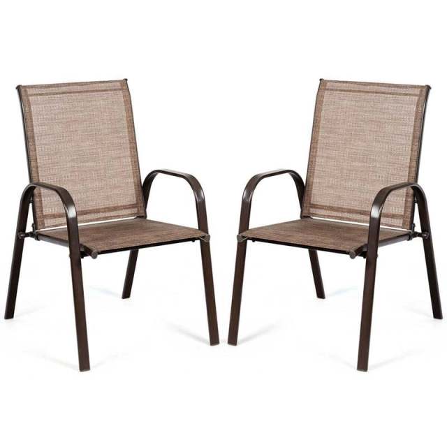 2PCS Steel Frame Sling Patio Chairs, High Back Outdoor Dining Chairs with Armrests & Breathable Quick-Drying Fabric for Backyard, Garden, Deck