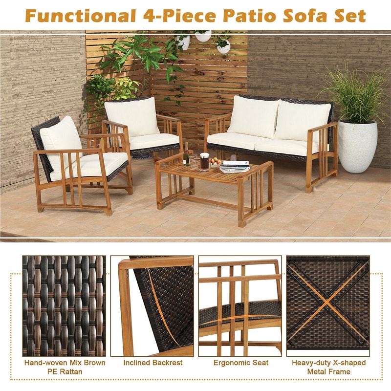 4 Piece Acacia Wood Frame Rattan Patio Sofa Set with Seat & Back Cushions, Wicker Outdoor Conversation Set for Garden Yard