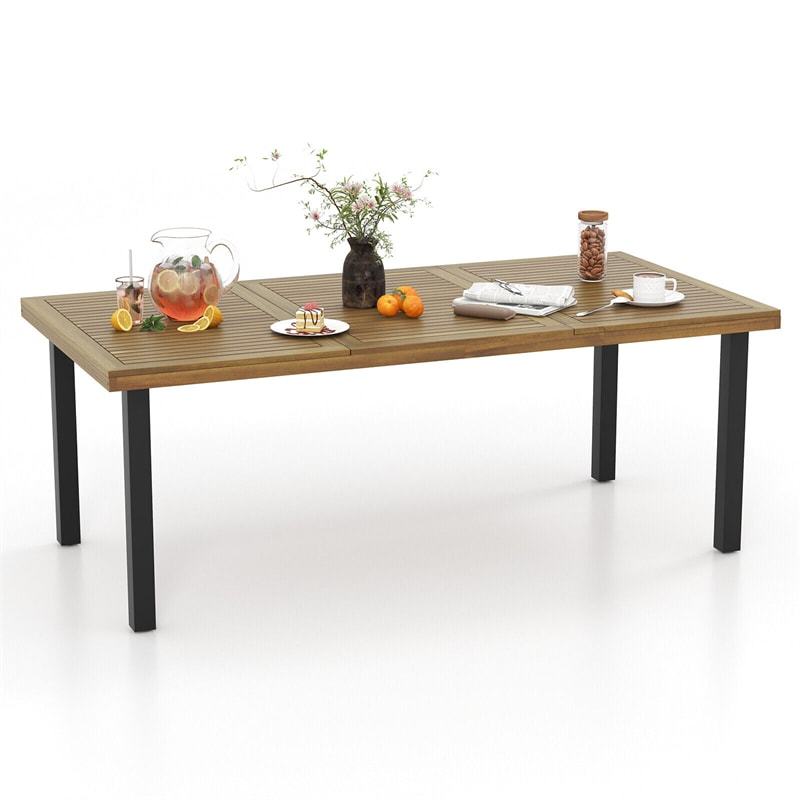 79" Acacia Wood Dining Table, 8-Person Rectangular Patio Table with 1.9" Umbrella Hole & Adjustable Feet for Indoor Outdoor, Backyard, Garden