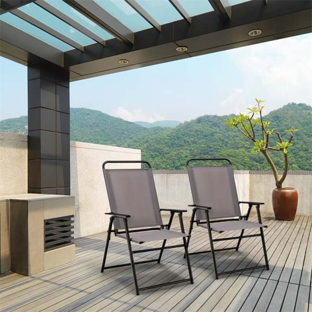Folding Outdoor Dining Chairs Set of 2 Sling Patio Chairs Portable High Back Chairs with Metal Frame & Armrest for Balcony Garden Poolside Beach