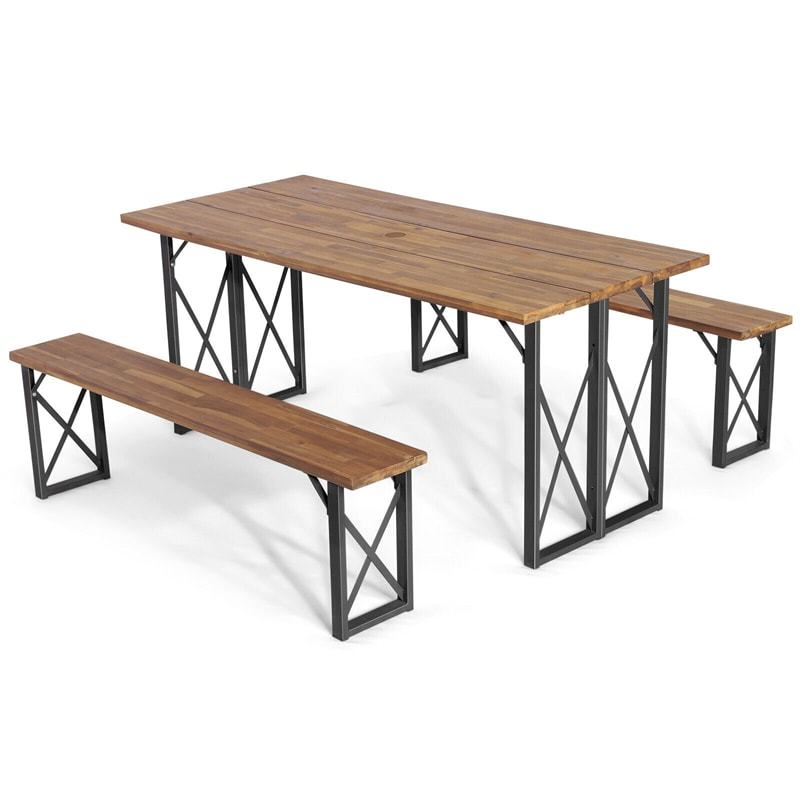 3-Piece Outdoor Picnic Table Set for 4-6 Persons, 67" Acacia Wood Dining Table with 2 Benches & 2" Umbrella Hole, Heavy-Duty Patio Rectangular Table