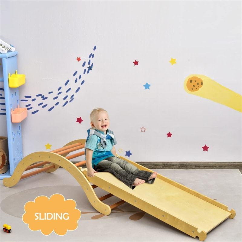 3-in-1 Wooden Montessori Arch Climber Toddler Climbing Toys Climbing Arch Rocker with Ramp & Padding