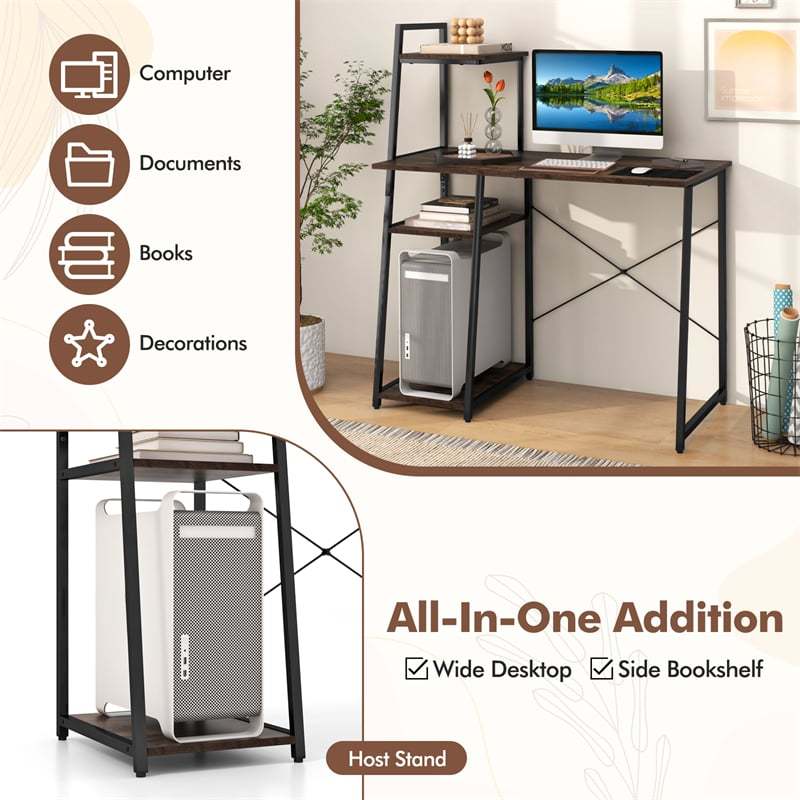 Computer Desk 47.5” Home Office Desk with Side Bookshelf & Host Stand, Metal Frame PC Laptop Workstation Study Writing Desk for Small Spaces