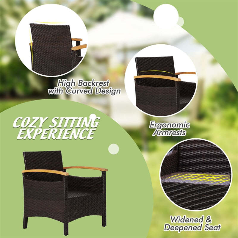 3PCS Patio Rattan Conversation Set Wicker Furniture Set with Acacia Wood Armrest Table Top & Cushions