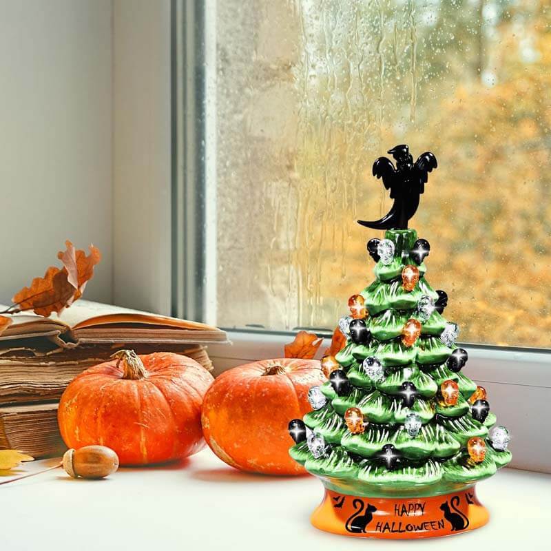 11.5 Inch Hand-Painted Green Tabletop Ceramic Halloween Tree with 12 Built-in Lights