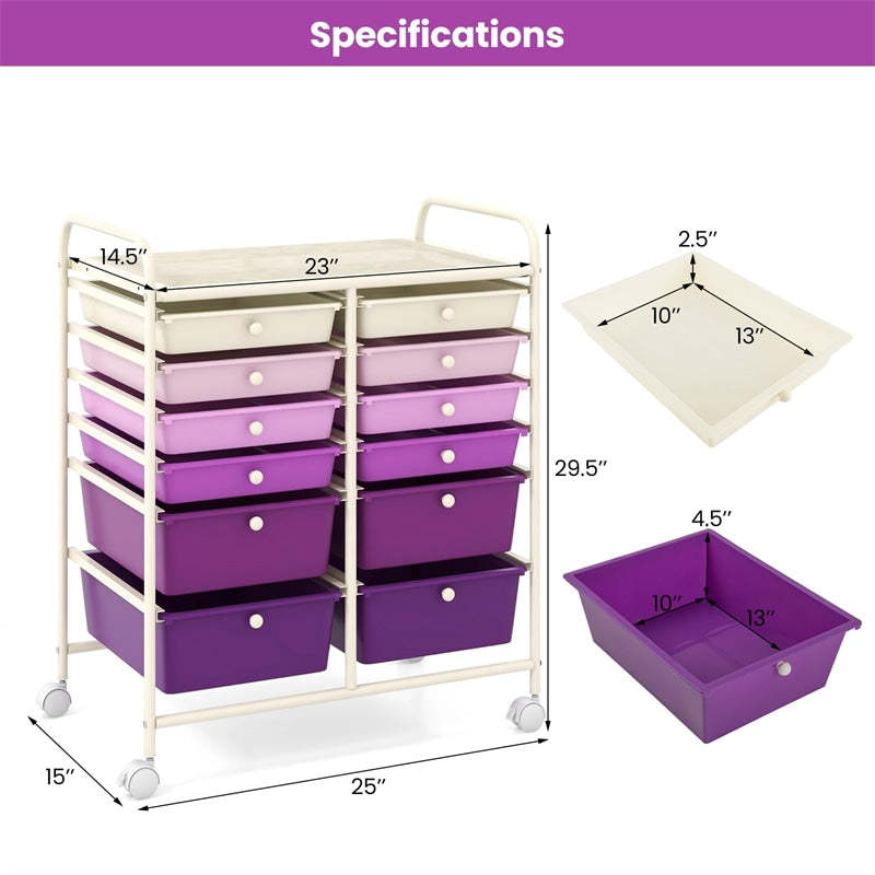 12-Drawer Rolling Storage Cart, Multipurpose Organizer Cart with Lockable Casters, Mobile Utility Cart for School Office Beauty Salon