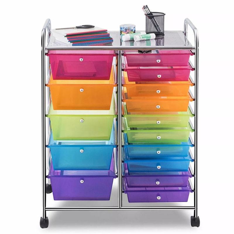 15-Drawer Rolling Storage Cart, Art &  Craft Organizer with Wheels & Removable Drawers for Tools, Scrapbook Paper, Home Office School
