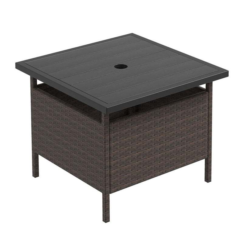 22" Wicker Outdoor Table Patio Rattan Square Side Table with HDPE Tabletop & Umbrella Hole