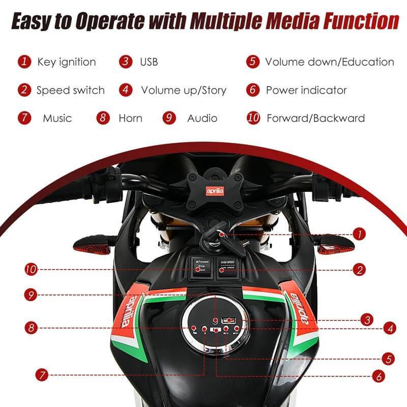 12V Kids Aprilia Licensed Electric Toddler Ride-On Motorbike with Training Wheels