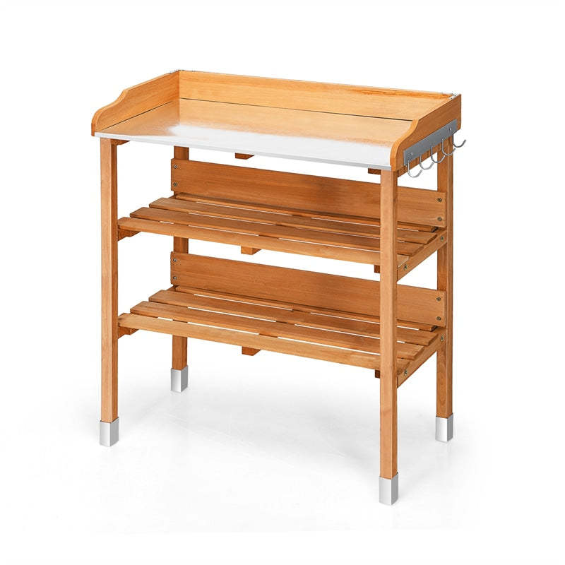 Wooden Garden Potting Bench Outdoor Work Station Table Storage Shelf with Metal Tabletop & Hooks