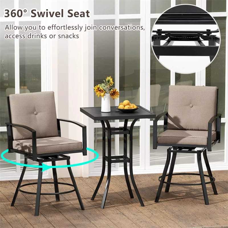 3-Piece All-Weather Metal Patio Bar Set, Outdoor 360° Swivel Bar Stools & Table with Removable Cushions & Umbrella Hole for Poolside, Deck, Backyard