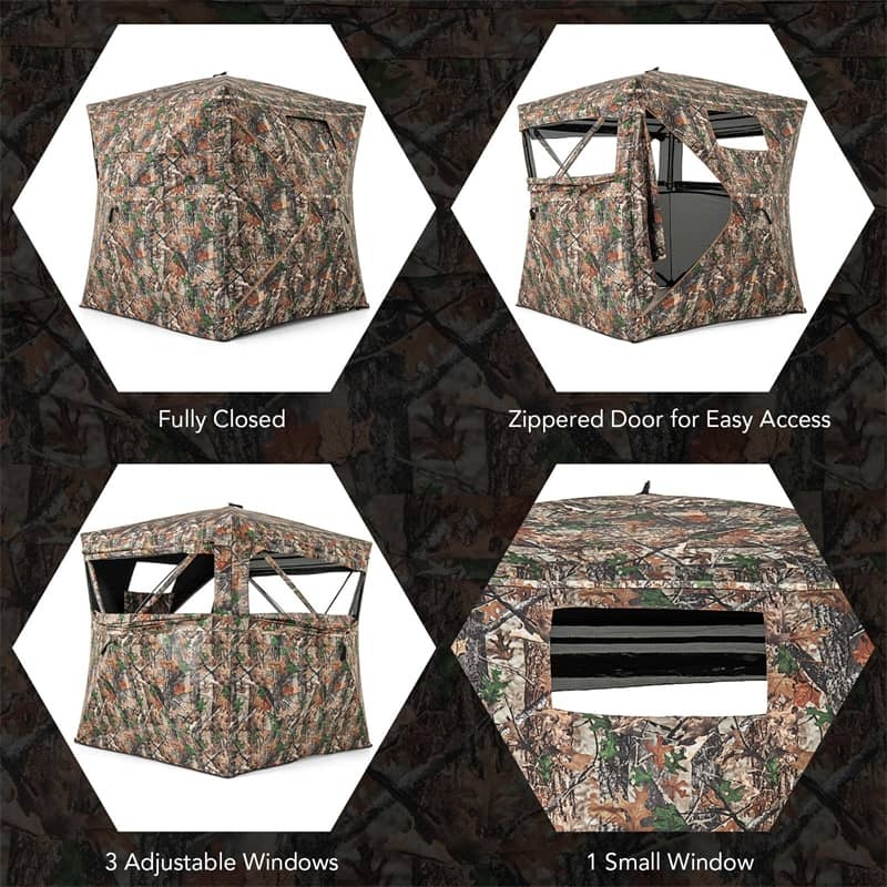 270° One-Way See-Through Hunting Blind with Door, Silent Slide Windows & Carry Bag, 3-4 Person Pop-up Camo Hunting Tent 82" Tall Deer Ground Blind
