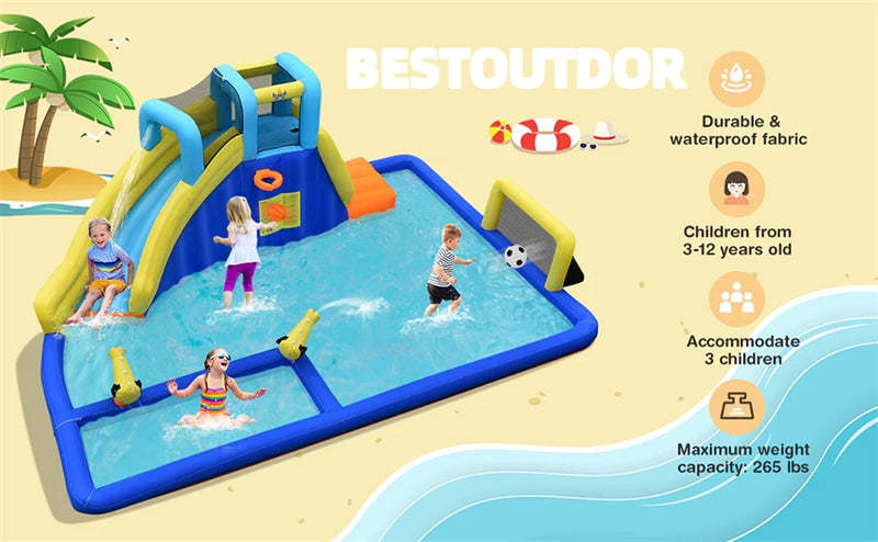 Inflatable Water Slide 6-in-1 Kids Giant Waterslide Park with Dual Water Cannons, Soccer Goal, Splash Pool, Climbing Wall & 735W Air Blower