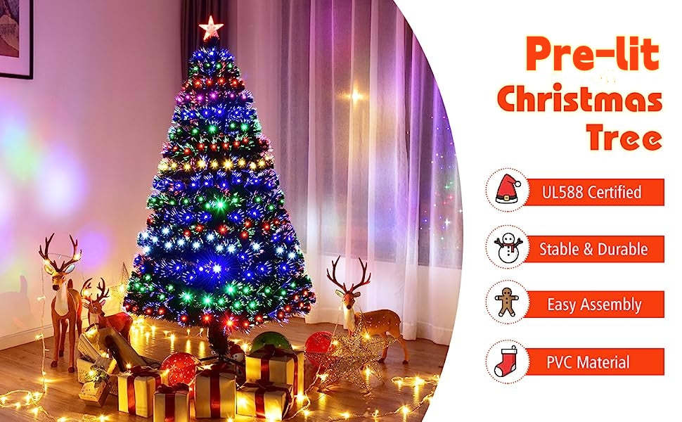 6FT Pre-Lit Artificial Christmas Tree 8 Flash Modes Fiber Optical Tree with Multicolor LED Lights & Metal Stand