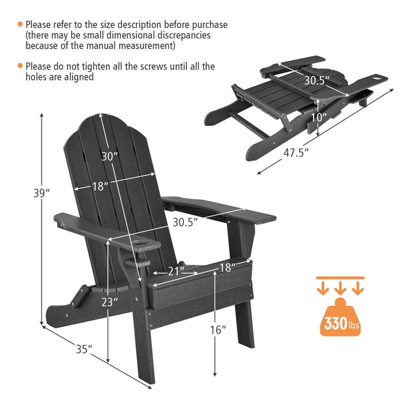 HDPE Folding Adirondack Chair, Outdoor Fire Pit Chair with Cup Holder, Weather Resistant Patio Lounge Chair for Backyard, Garden, Poolside