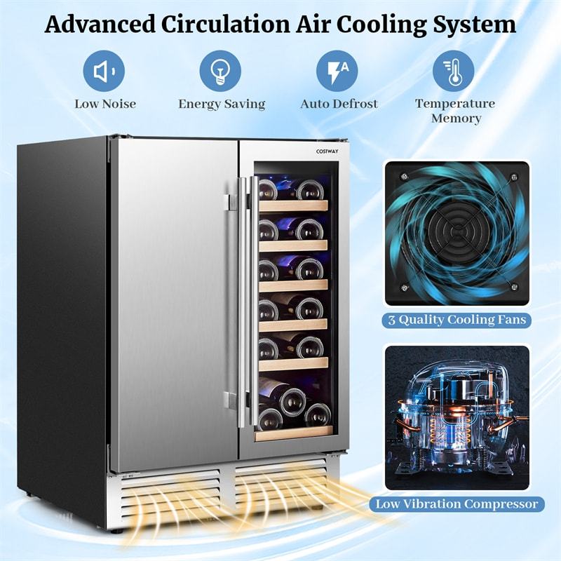 2-in-1 Wine and Beverage Refrigerator 24" Dual Zone Undercounter Wine Beverage Cooler Freestanding Built-in Wine Fridge with Stainless Steel Door