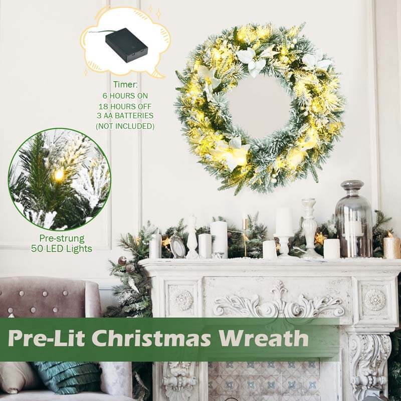 24 Inch Pre-Lit Artificial Christmas Wreath with 50 LED Lights
