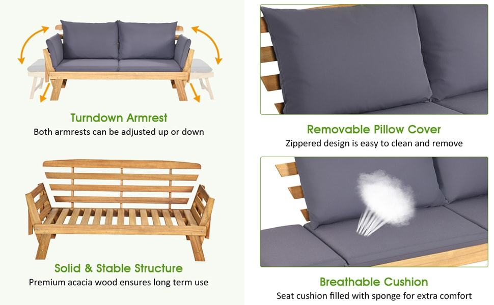 Outdoor Daybed Acacia Wood Convertible Couch Sofa Bed with Adjustable Armrest & Cushion
