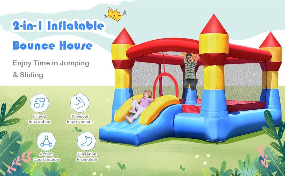 Inflatable Bounce House Kids Bouncy Jumper Castle Moonwalk Playhouse with Slide, Large Jumping Area, Mesh Walls for Indoor Outdoor Party Fun
