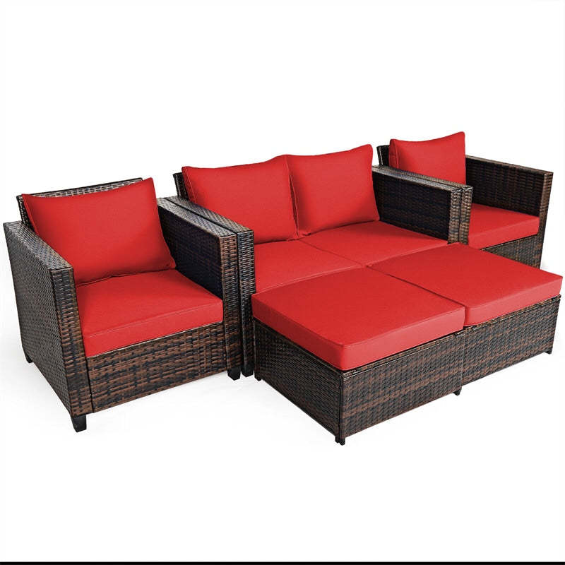 5 Piece Rattan Patio Furniture Set Conversation Set Wicker Loveseat Sofa Chair with Cushions & Ottomans for Yard Garden Poolside