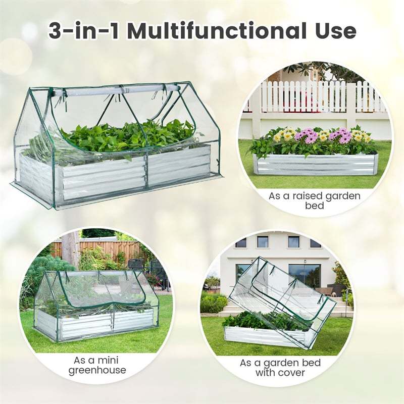 Galvanized Steel Raised Garden Bed with Greenhouse, PVC Cover & 2-Tier Roll-Up Windows, Bottomless Planter Box for Veggies, Flowers, Herbs