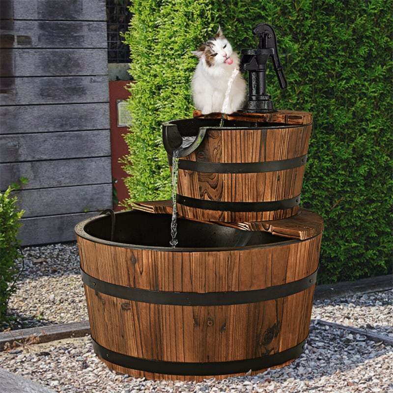 Happygrill Water Fountain Outdoor, 2-Tier Barrel Water Feature Decor With Electric Pump, Freestanding Cascading Waterfall Fountain For Garden Patio Backyard Decor Or Porch