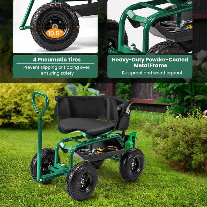 Rolling Garden Cart, Height Adjustable Garden Scooter with 360° Swivel Work Seat, Tool Tray, Storage Basket & Handle for Yard Gardening Work