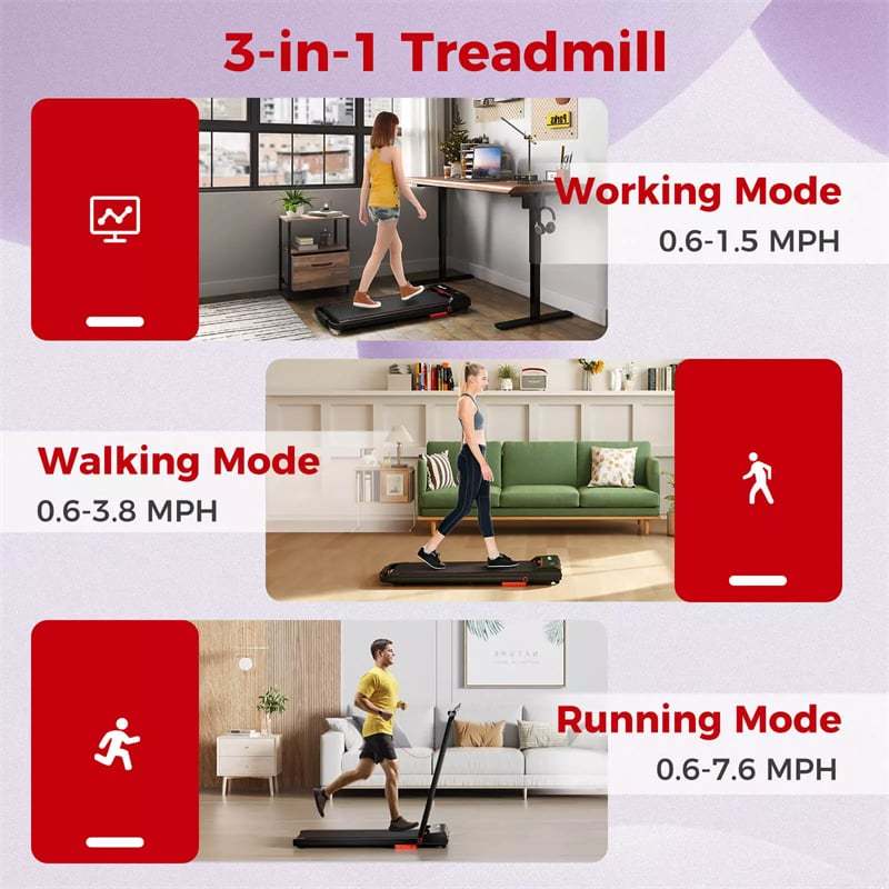 3-in-1 Folding Treadmill, 2.5HP Walking Pad & Under Desk Treadmill 340LB Capacity w/ Handlebar, LED Display, Remote, App Control for Home Office