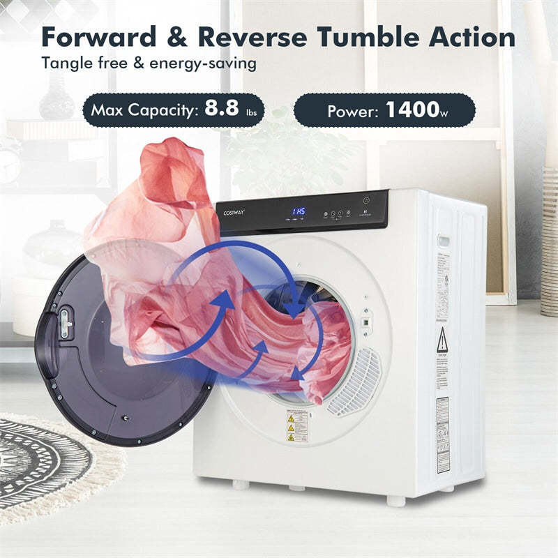 1400W Electric Tumble Compact Laundry Dryer 8.8lbs Portable Stainless Steel Clothes Dryer with Touch Panel