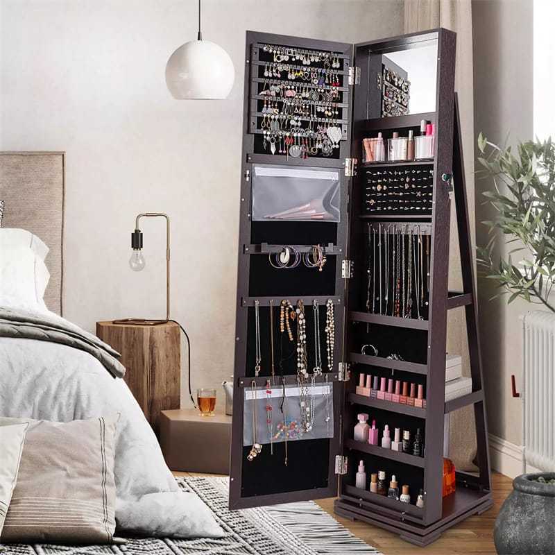 360° Swivel Jewelry Cabinet Armoire with Full Length Mirror & Rear Storage Shelves, Standing Lockable Jewelry Organizer Inside Makeup Mirror