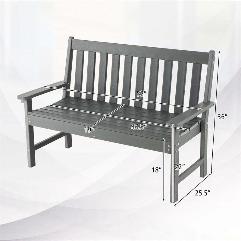 2-Person HDPE Outdoor Garden Bench, 52" All-Weather Patio Bench with Slatted Backrest & Armrests, 705lbs Capacity for Park, Backyard, Porch
