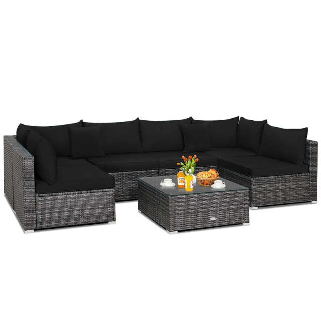 7PCS PE Rattan Modular Outdoor Sectional Set with Tempered Glass Top Table & Cushions, Patio Sofa Furniture for Backyard, Poolside Garden