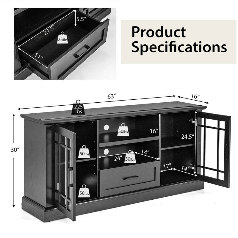 Farmhouse TV Stand for TVs up to 70", Entertainment Center Tall Media Console with 2 Glass Doors, Cubbies & Drawer, Living Room Storage Cabinet