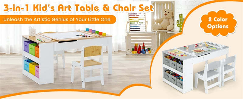 3-in-1 Kids Table & Chair Set, Wood Art Table & Easel with 2 Chairs, 6 Storage Bins, Paper Roller & Paint Cups, Toddler Crafts Table Chair Set