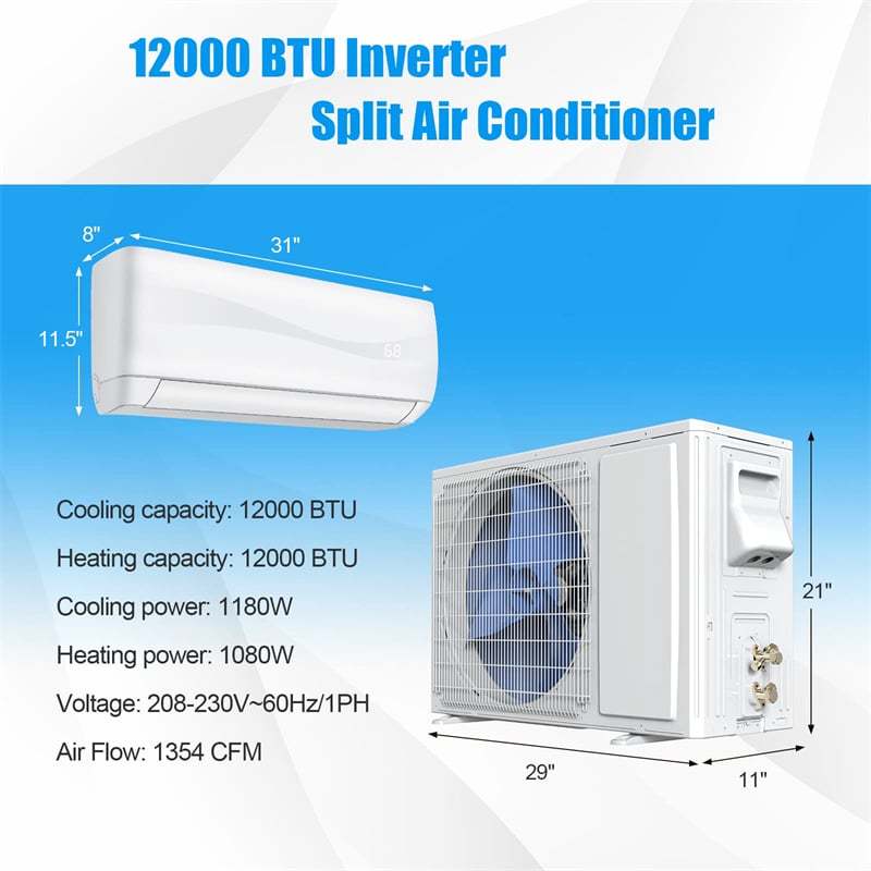 12000BTU Ductless Mini Split Air Conditioner & Heater, 17 SEER2 Energy Efficient Wall-Mounted Inverter AC Unit w/ Heat Pump, 208-230V Installation Kit