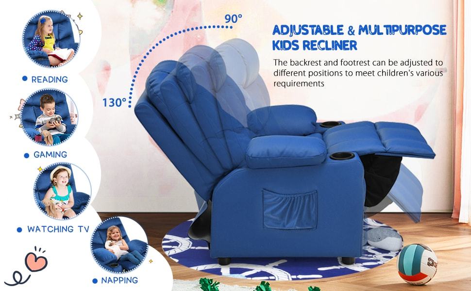 Kids Recliner Chair Adjustable Gaming Recliner Ergonomic Velvet Recliner with Cup Holder, Footrest & Side Pockets for Children Room