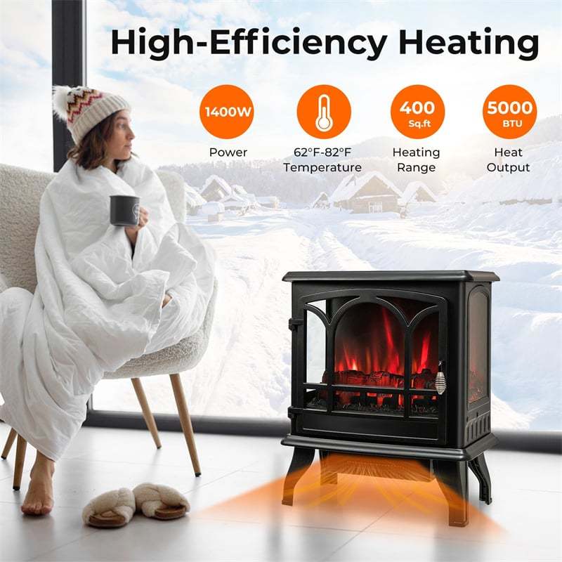 23" Electric Fireplace Stove, 1400W Freestanding 3-Sided Fireplace Heater with 3-Level Dimmable Flame, Remote Control, 6H Timer & Overheat Protection