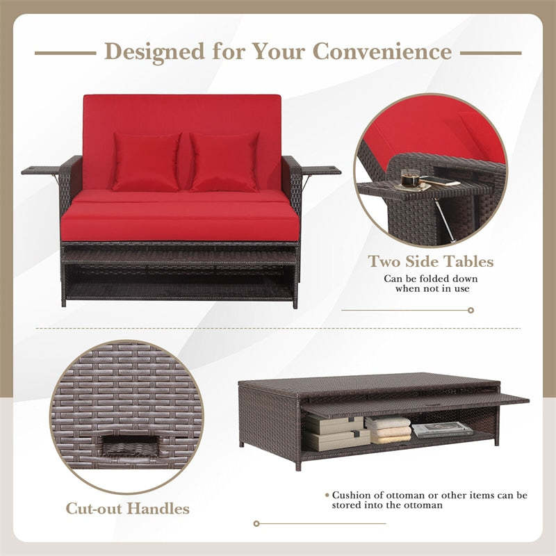 Patio Rattan Daybed Set, Outdoor Wicker Loveseat Sofa w/Multipurpose Ottoman, Retractable Side Tray, 4-Level Adjustable Backrest & Cushions
