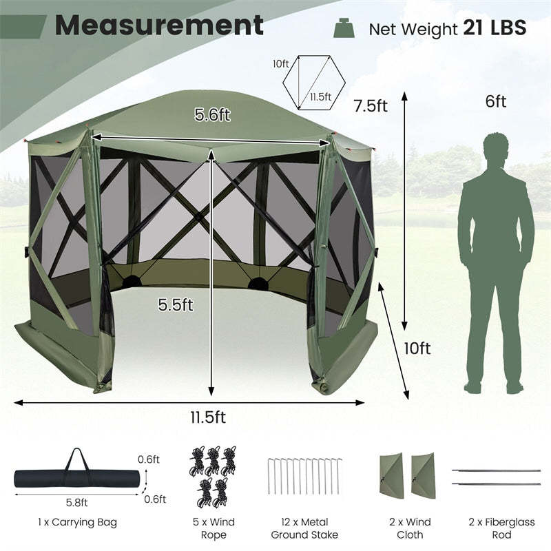 11.5' x 11.5' Pop Up Screen Tent 6-Sided Camping Gazebo Tent Outdoor Instant Canopy Shelter with Netting 2 Wind Clothes & Carry Bag