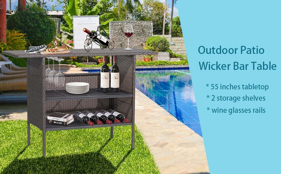 Outdoor Wicker Bar Counter Table All Weather Rattan Bar Height Table with 2 Storage Shelves