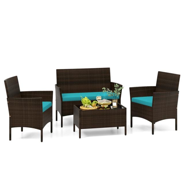 4PCS Patio Rattan Conversation Set Outdoor Garden Wicker Furniture Set with Loveseat Chair, Tempered Glass Coffee Table & Cushions