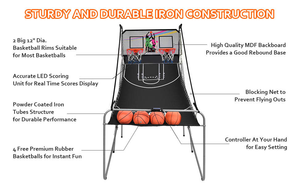 Foldable Indoor Basketball Arcade Game with 4 Balls Electronic Double Shot LED Scoring System for Kids Adults