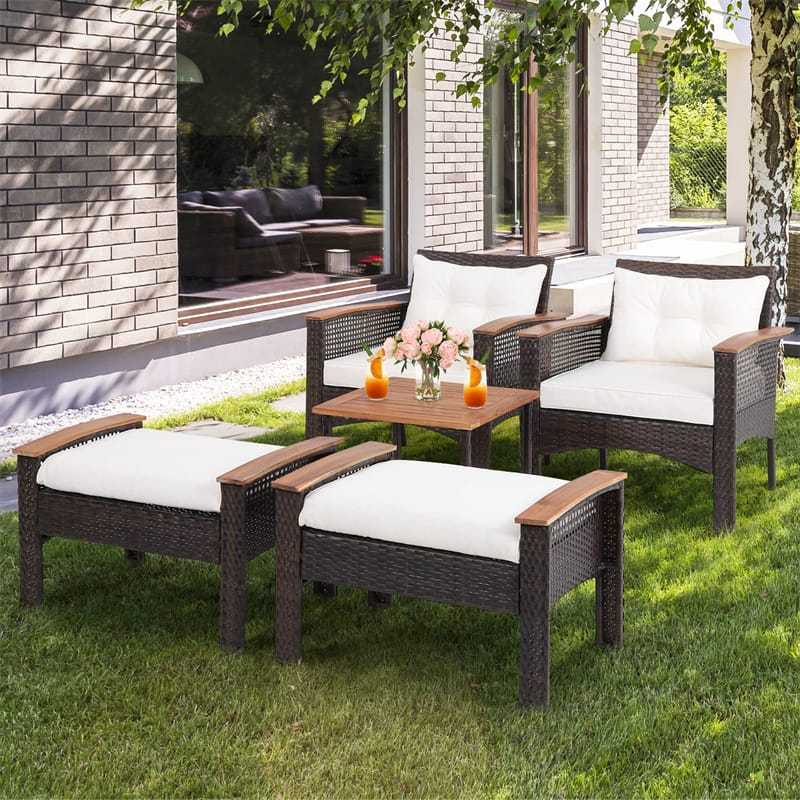 5PCS Patio Rattan Sofa Furniture Set with 2 Chairs, 2 Ottomans & Coffee Table, All-Weather Wicker Acacia Wood Cushioned Conversation Set for Backyard