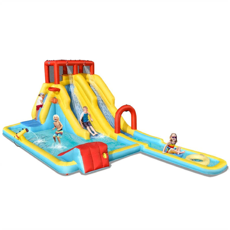 7-in-1 Inflatable Water Slide Mega Double Long Slide Waterslide Park Bounce House with Climbing Wall, Large Splash Pool without Blower