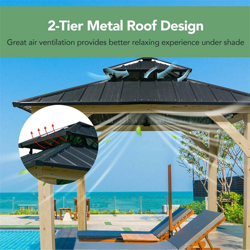 10 x 10 FT Outdoor Patio Hardtop Gazebo Double Steel Roof Solid Wood Frame