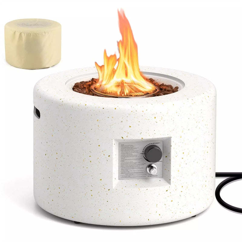 25.5" Round Terrazzo Propane Fire Pit, 40,000 BTU Outdoor Gas Fire Pit Table with Stainless Steel Burner, Lava Rocks, Protective Cover & Tank Seat