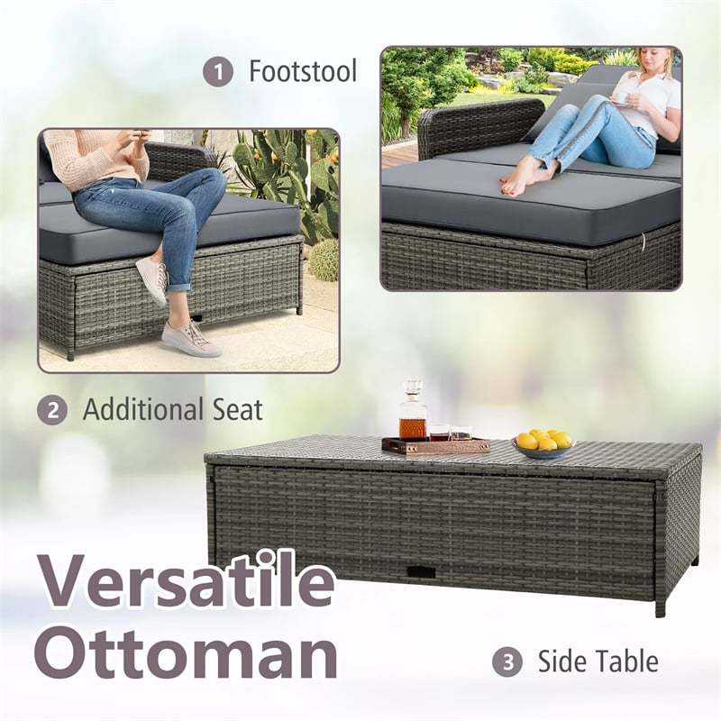 Patio Rattan Daybed Set with Multipurpose Storage Ottoman, Retractable Side Tray, Seat & Back Cushions, Adjustable Backrest Wicker Loveseat Sofa